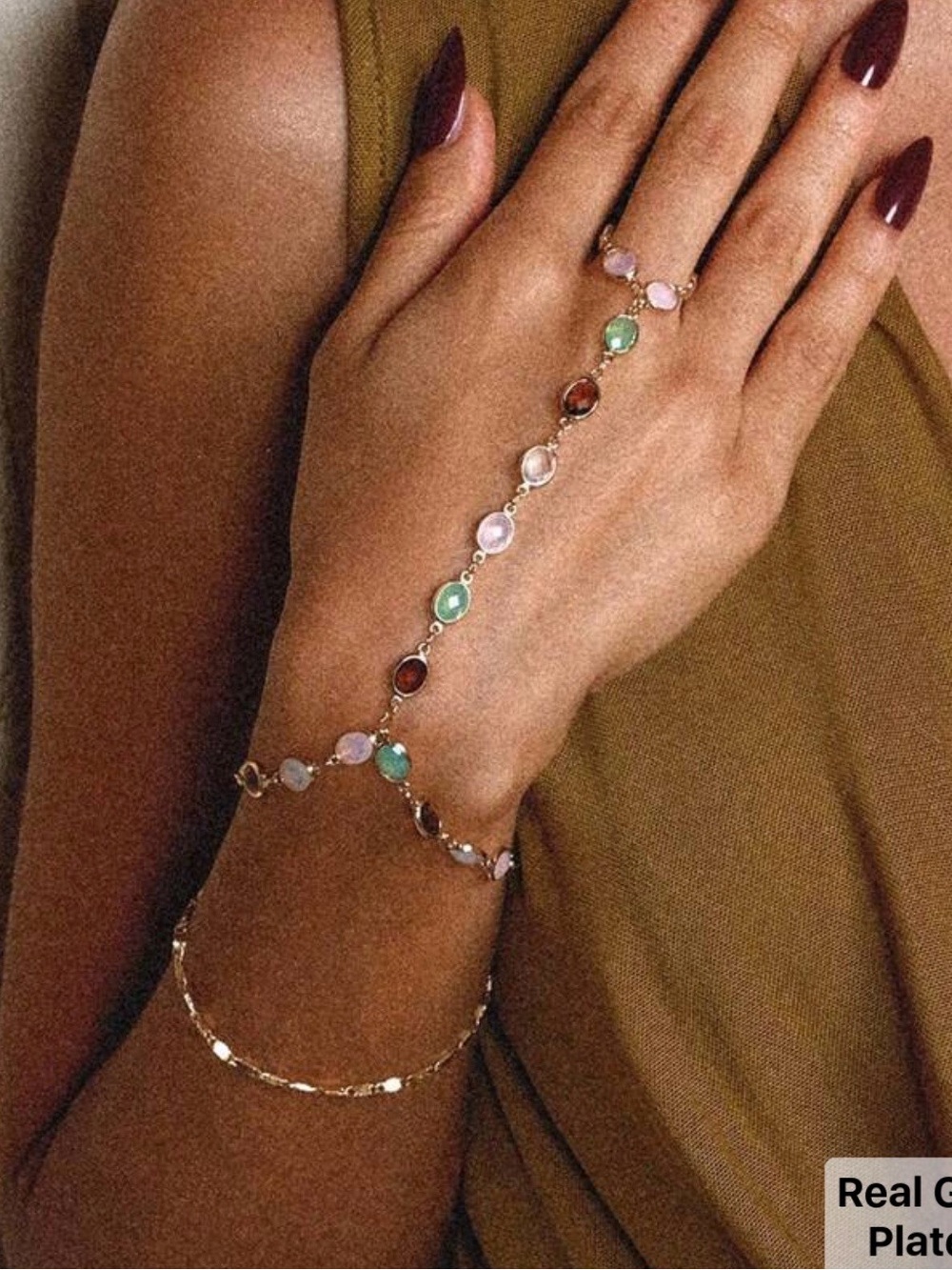SHEIN Gold Tone Hand Chain Bracelet with Pink, Green, and Brown Stones